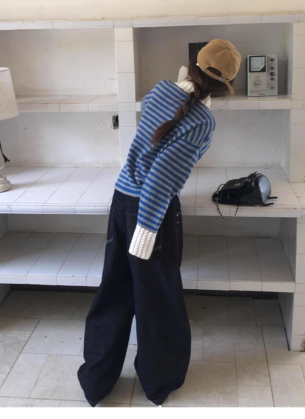 작은 샤넬 스타일 스트라이프 POLO 칼라 긴팔 스웨터 니트 스웨터 여성 조기 가을 느긋한 느슨함 센스 착용 가져 가라. 재킷 맨위 상세 이미지 5