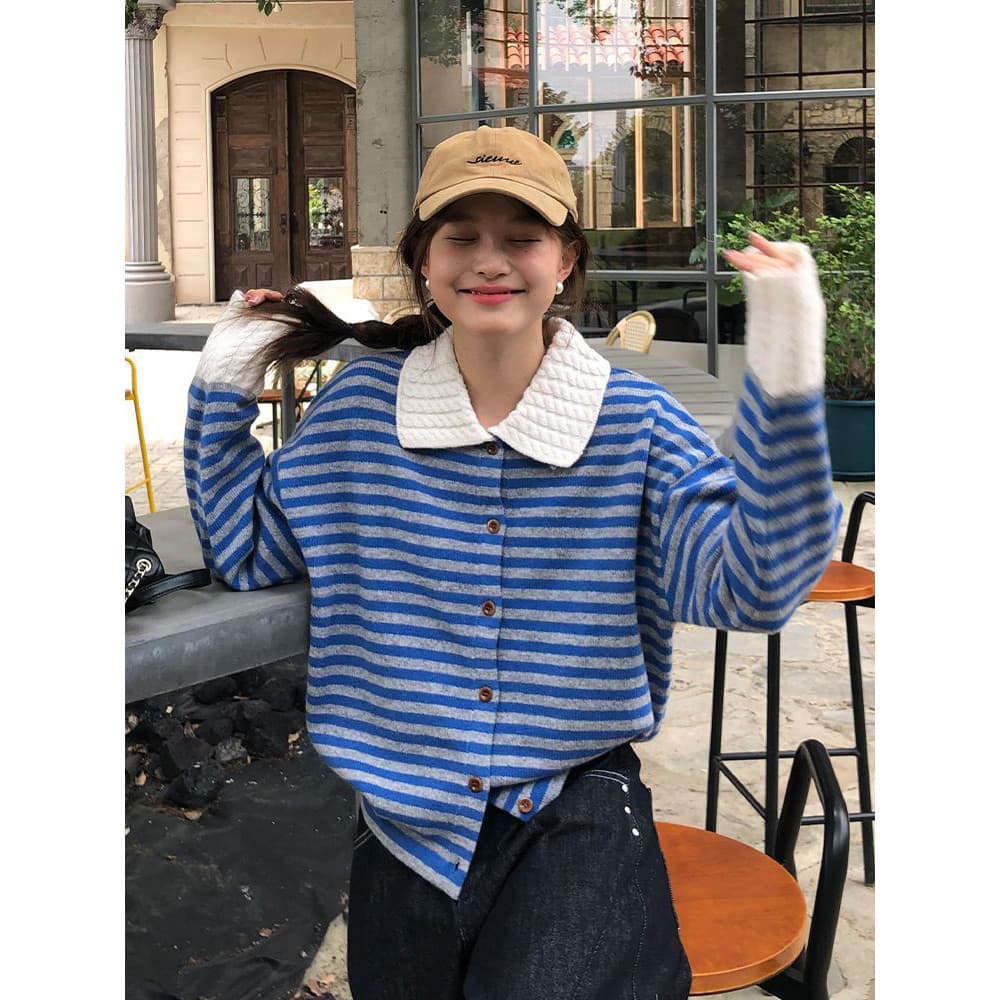 작은 샤넬 스타일 스트라이프 POLO 칼라 긴팔 스웨터 니트 스웨터 여성 조기 가을 느긋한 느슨함 센스 착용 가져 가라. 재킷 맨위 상세 이미지 7
