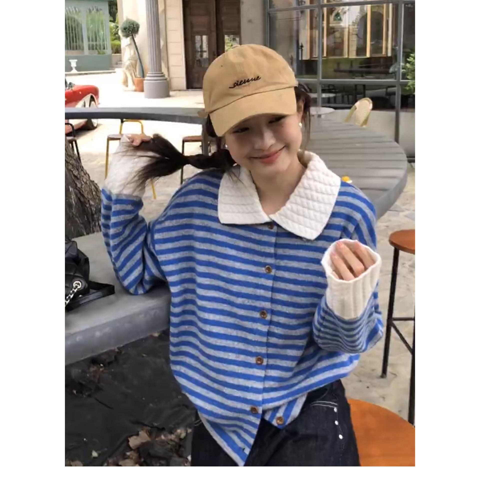 작은 샤넬 스타일 스트라이프 POLO 칼라 긴팔 스웨터 니트 스웨터 여성 조기 가을 느긋한 느슨함 센스 착용 가져 가라. 재킷 맨위 상세 이미지 9