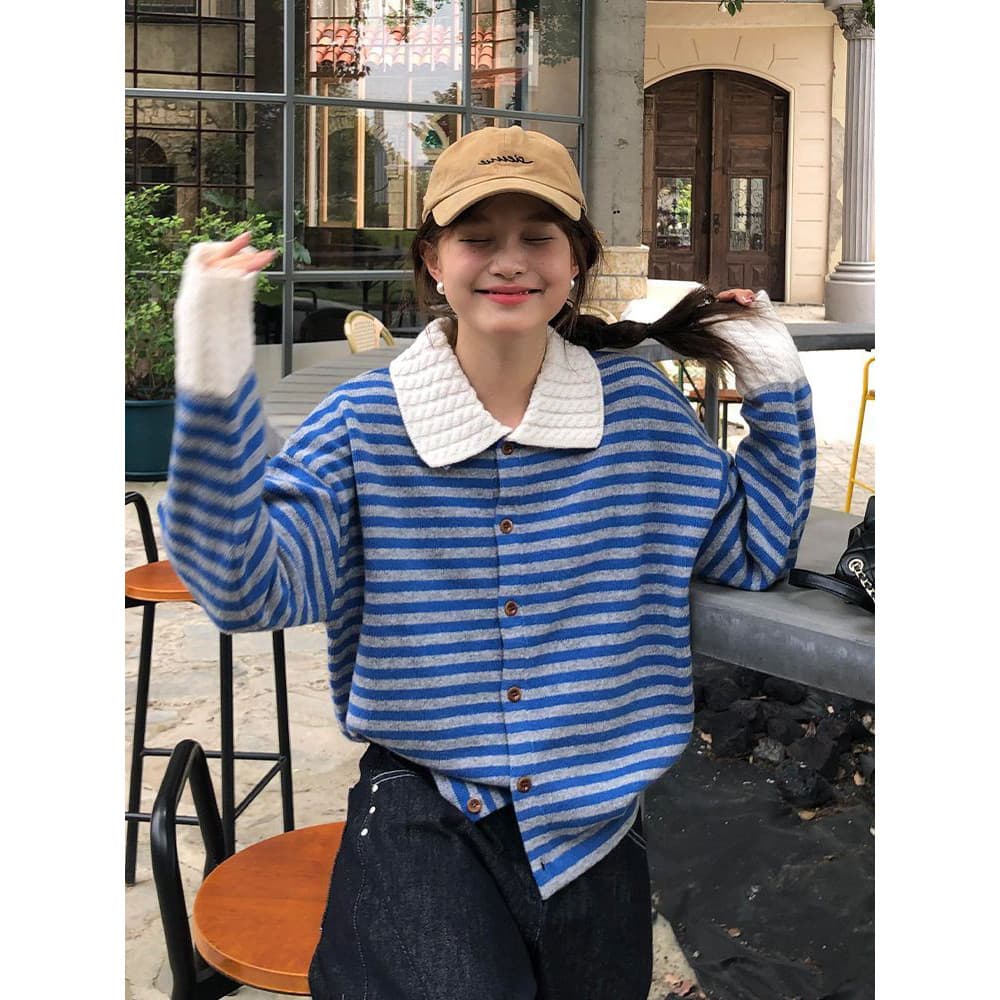 작은 샤넬 스타일 스트라이프 POLO 칼라 긴팔 스웨터 니트 스웨터 여성 조기 가을 느긋한 느슨함 센스 착용 가져 가라. 재킷 맨위 상세 이미지 11