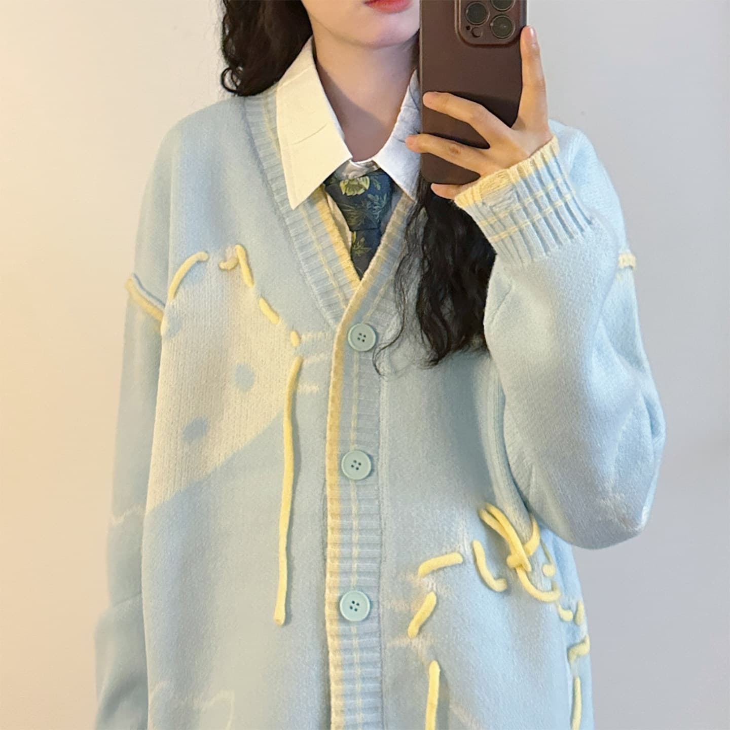 가을 겨울 일본식 레트로 고양이 자카드 배색 라인 캐주얼 V넥 니트 오픈 가디건 스웨터 여성 코트 상세 이미지 8