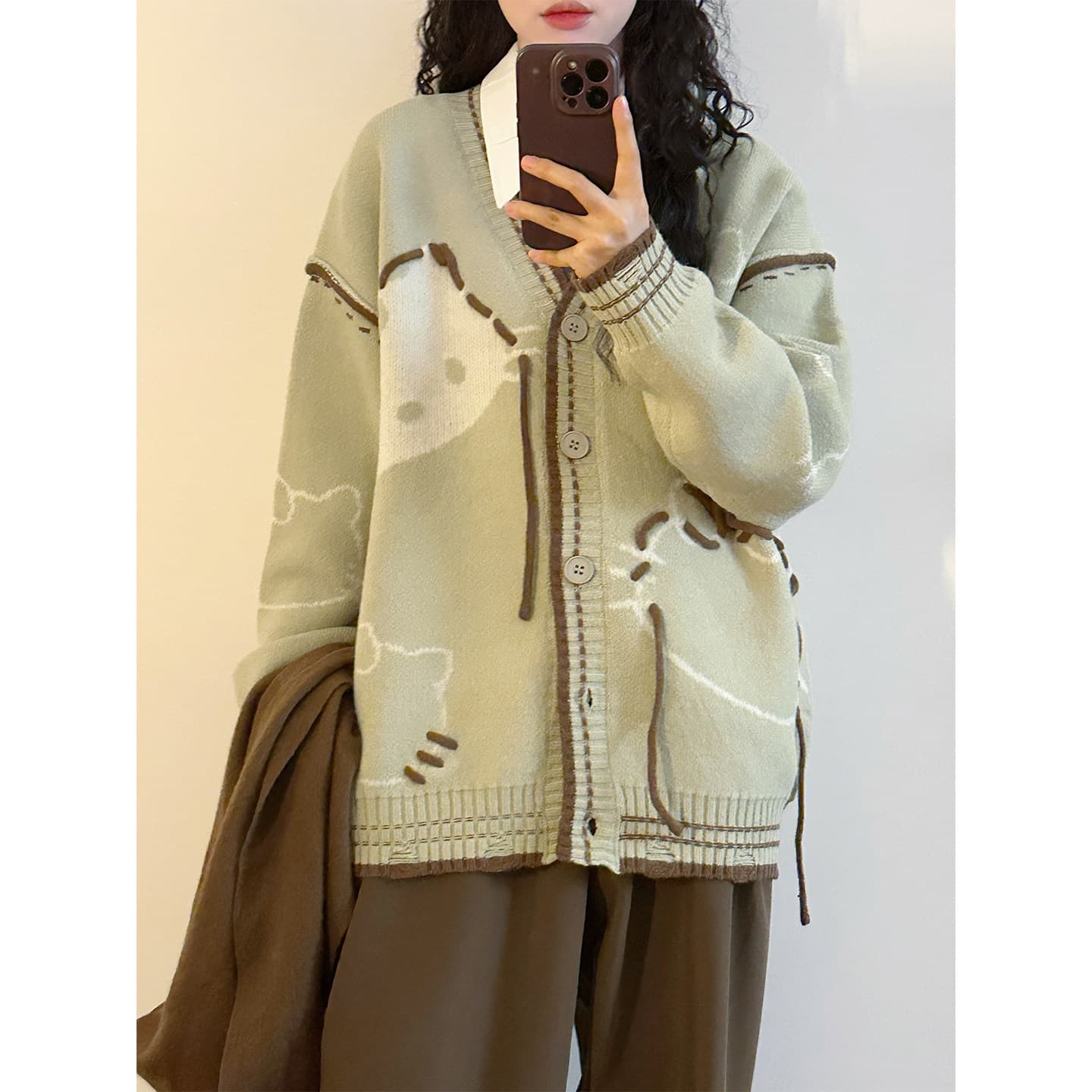 가을 겨울 일본식 레트로 고양이 자카드 배색 라인 캐주얼 V넥 니트 오픈 가디건 스웨터 여성 코트 상세 이미지 9