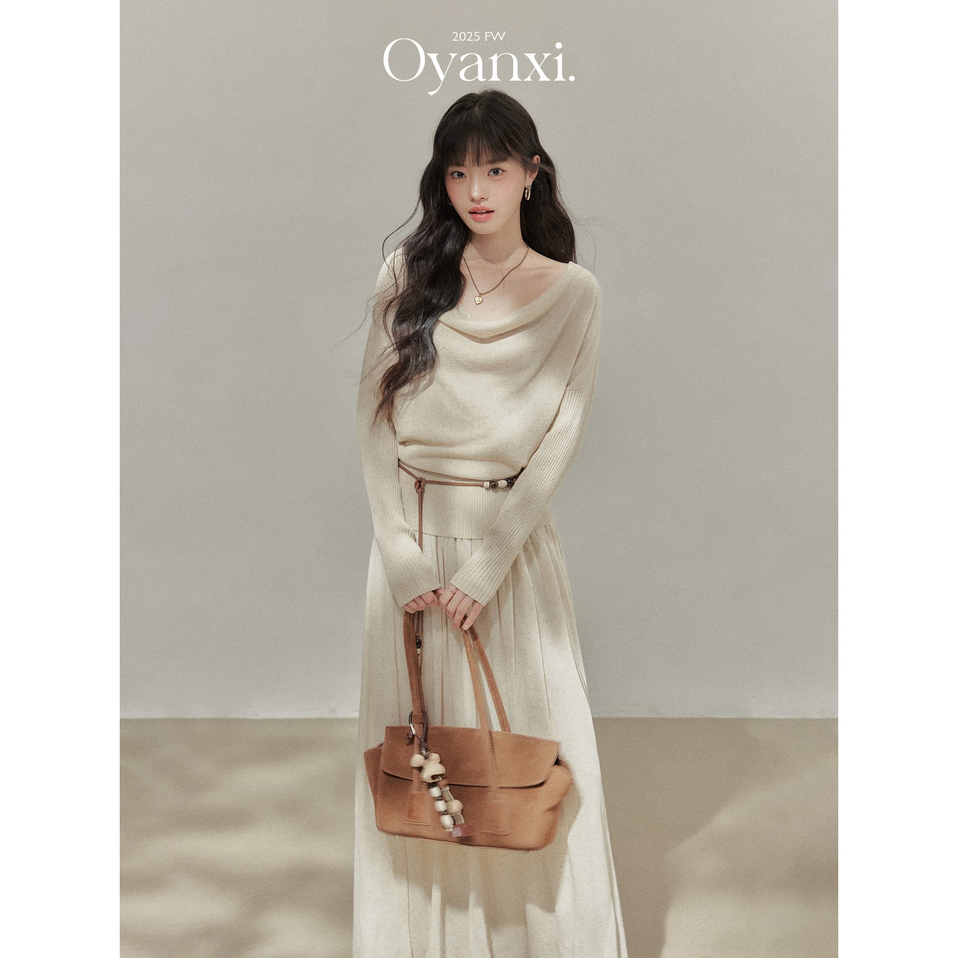Ouyang 안녕하세요. 뉴욕 미술 건강 2.0 긴팔 흔들다 칼라 니트 맨위 여성 가을 하이웨이스트 반신 치마 세트 이미지 3