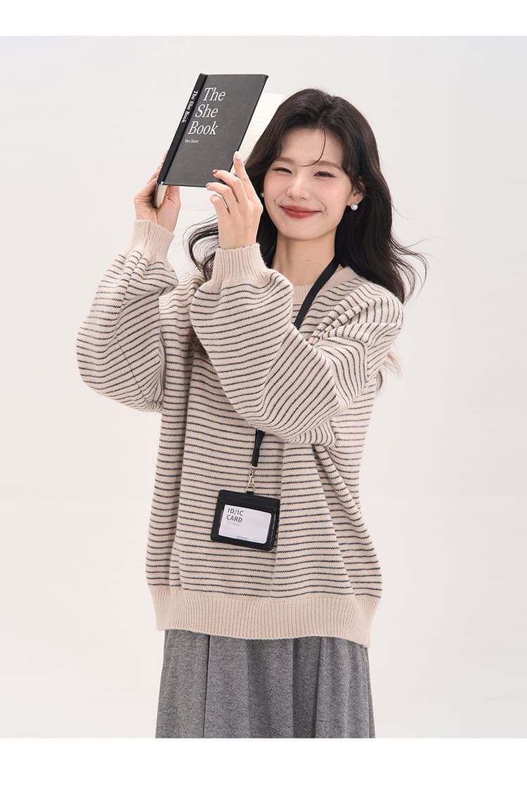 루즈핏 스트라이프 라운드 넥 니트 스웨터 여자 가을 캐주얼 후드티 블라우스 이미지 4