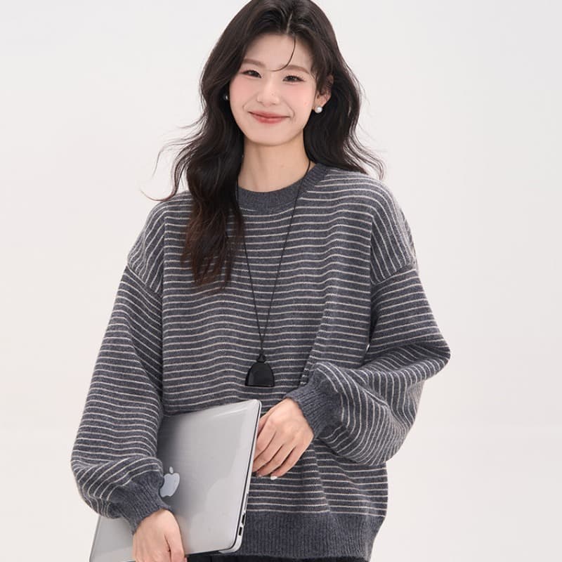 루즈핏 스트라이프 라운드 넥 니트 스웨터 여자 가을 캐주얼 후드티 블라우스 이미지 5