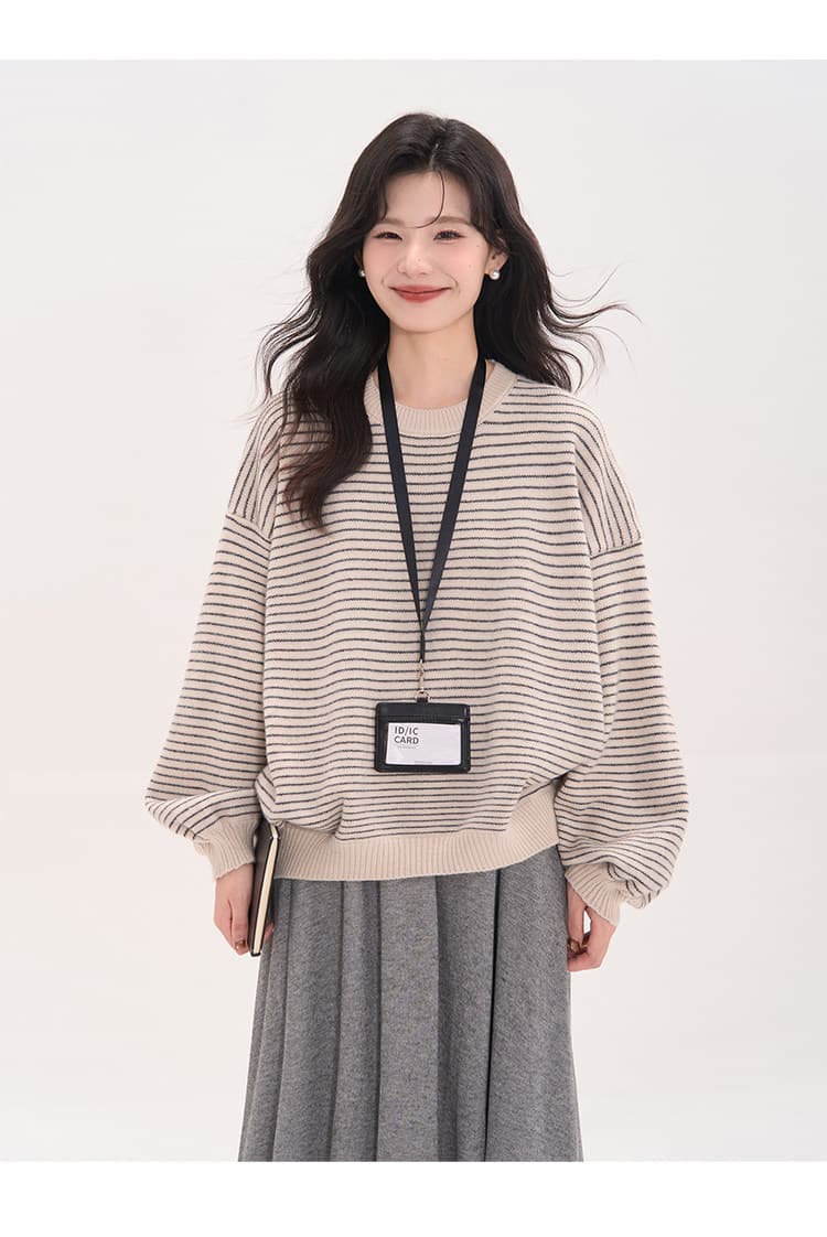 루즈핏 스트라이프 라운드 넥 니트 스웨터 여자 가을 캐주얼 후드티 블라우스 상세 이미지 21
