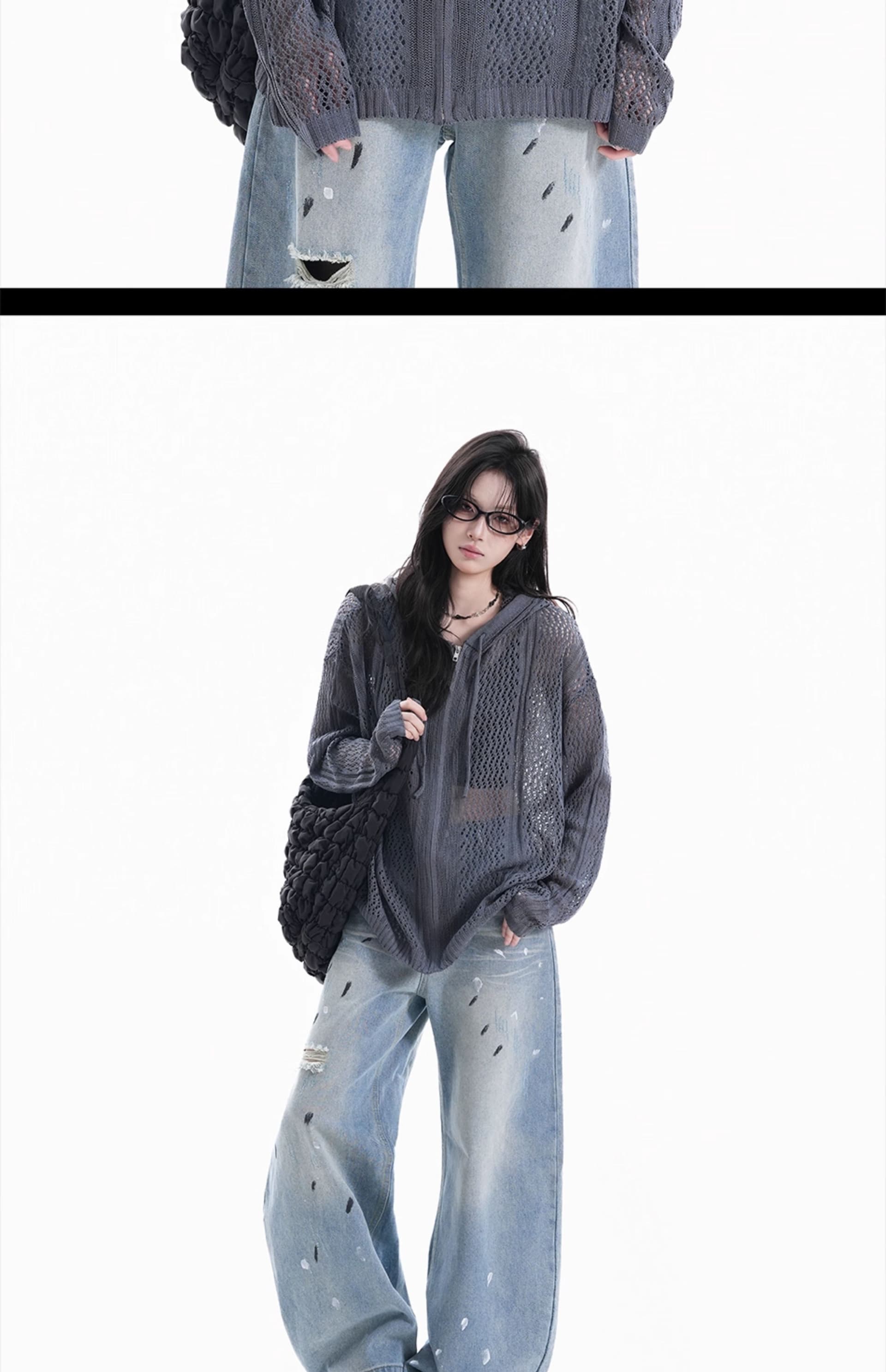 아메리칸 레트로 회색 홀로우 아웃 지퍼 니트 스웨터 여성 코트 느긋한 바람 루즈핏 후드 트렌디 상세 이미지 7