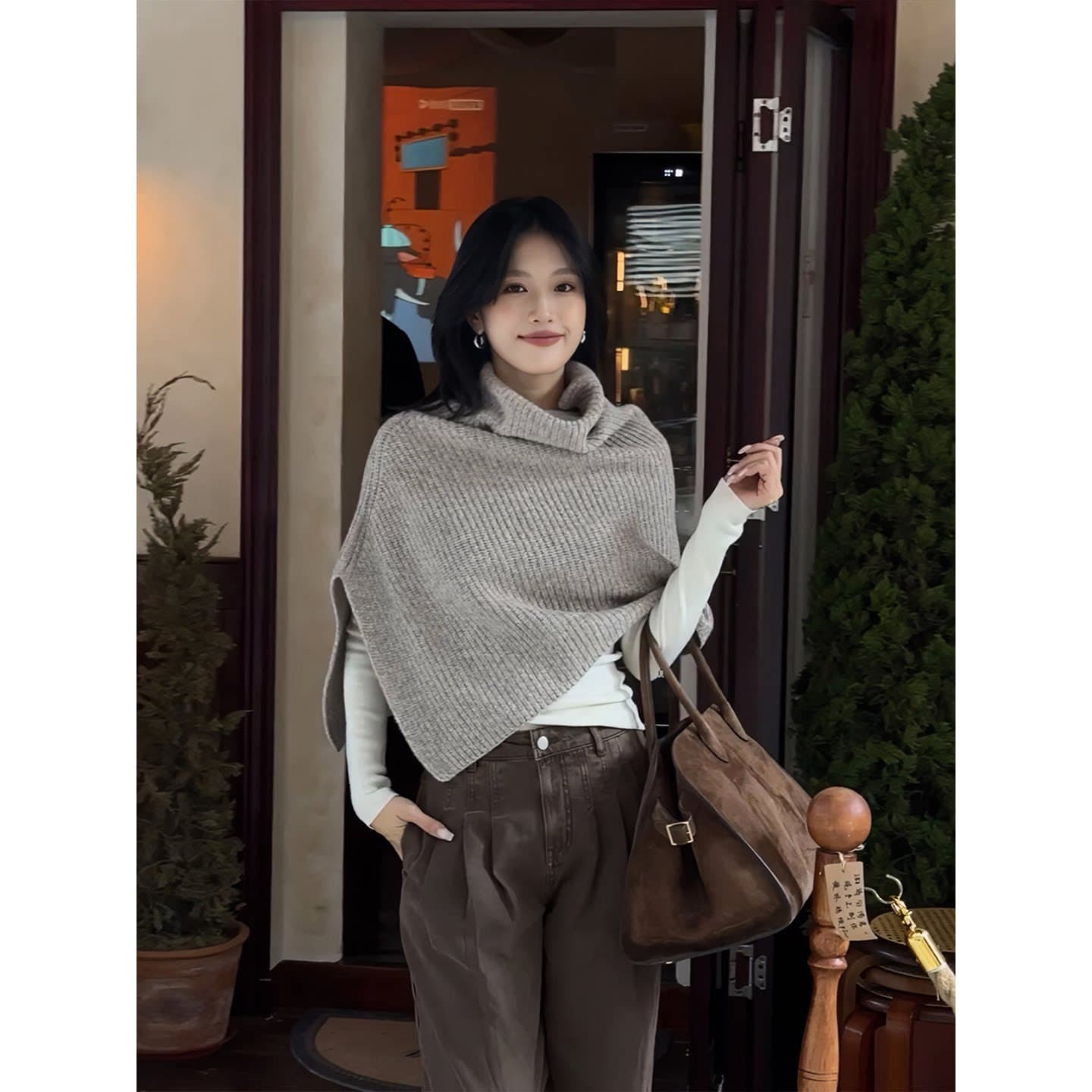 가을 겨울 스웨터 숄 살구 색상 느긋한 바람 품격 스택 착용 양모 니트 스웨터 풀오버 맨위 여성 이미지 3
