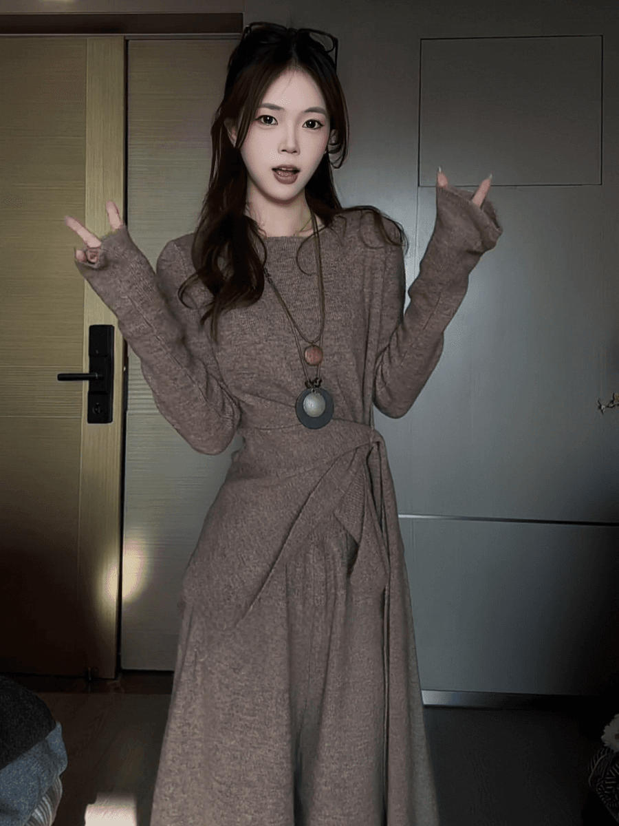 빅 사이즈 지방 mm 한 부서 고급 센스 불규칙 스트랩 맨위 여성 가을 겨울 새로운 아름다운 관대 한 점잖은 투피스 세트 상세 이미지 3