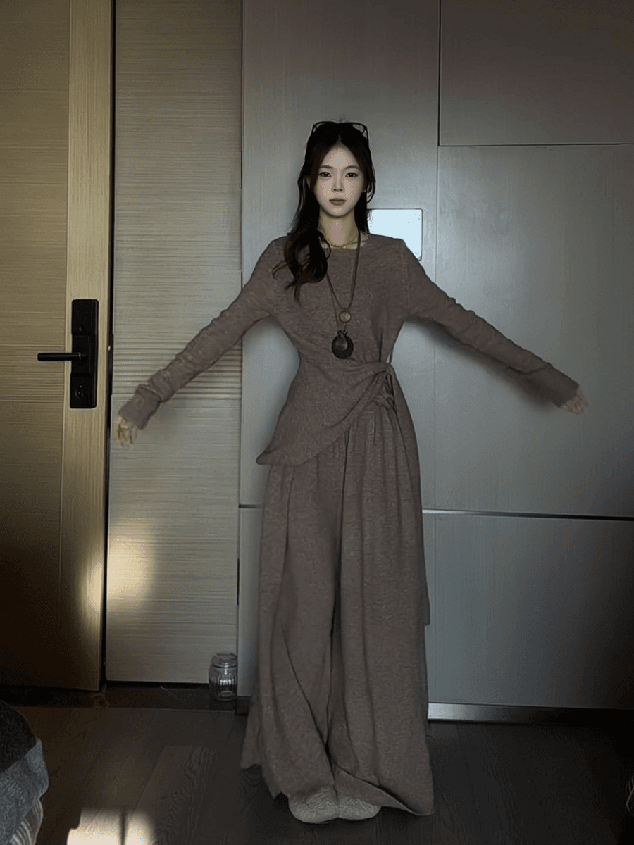 빅 사이즈 지방 mm 한 부서 고급 센스 불규칙 스트랩 맨위 여성 가을 겨울 새로운 아름다운 관대 한 점잖은 투피스 세트 상세 이미지 4
