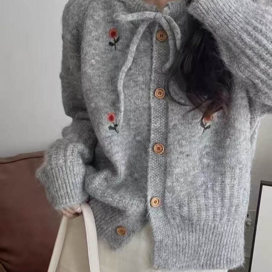 달콤함 문예 바람 자수 꽃 니트 오픈 가디건 여성 가을 겨울 쇼트 스타일 나비 넥타이 라운드 넥 루즈핏 재킷 이미지 3