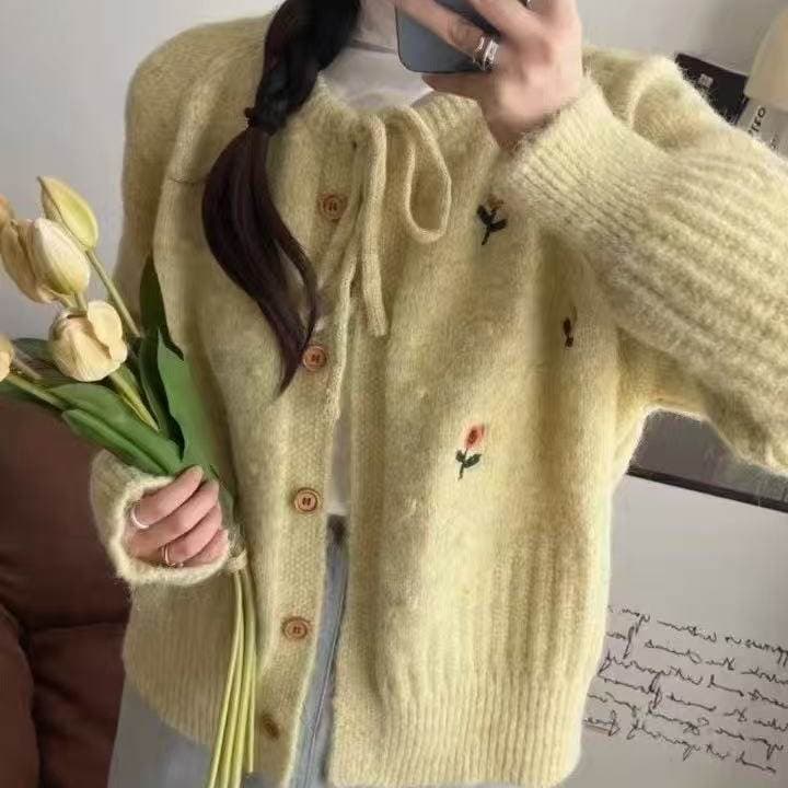 달콤함 문예 바람 자수 꽃 니트 오픈 가디건 여성 가을 겨울 쇼트 스타일 나비 넥타이 라운드 넥 루즈핏 재킷 상세 이미지 7