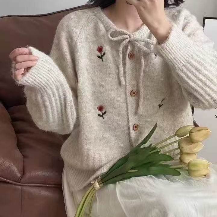 달콤함 문예 바람 자수 꽃 니트 오픈 가디건 여성 가을 겨울 쇼트 스타일 나비 넥타이 라운드 넥 루즈핏 재킷 상세 이미지 8