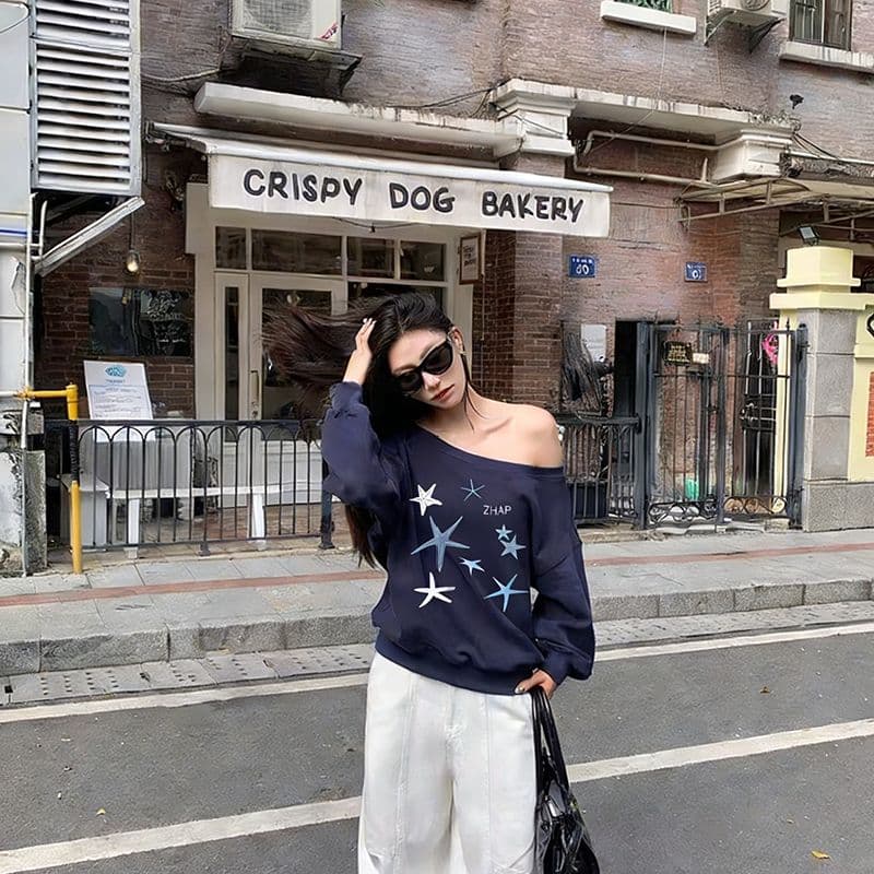 아메리칸 비스듬한 어깨 긴팔 후드티 여성 디자인 센스 프린트 품격 오프숄더 맨위 이미지 2