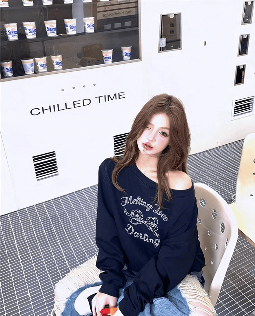 한국 스타일 봄 가을 비스듬한 어깨 루즈핏 프린트 후드티 여성 상세 이미지 4
