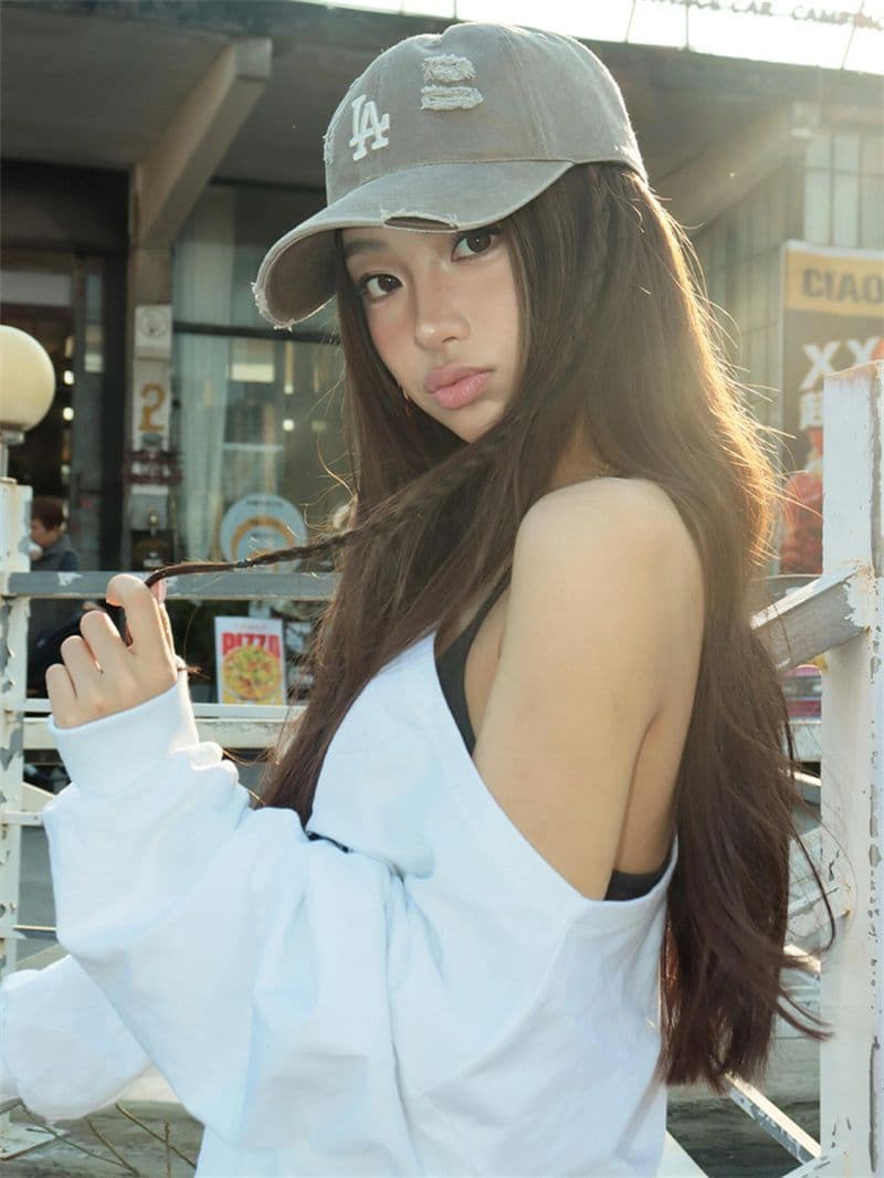 아메리칸 레트로 프린트 비스듬한 어깨 후드티 여성 봄 가을 루즈핏 맨위 상세 이미지 5