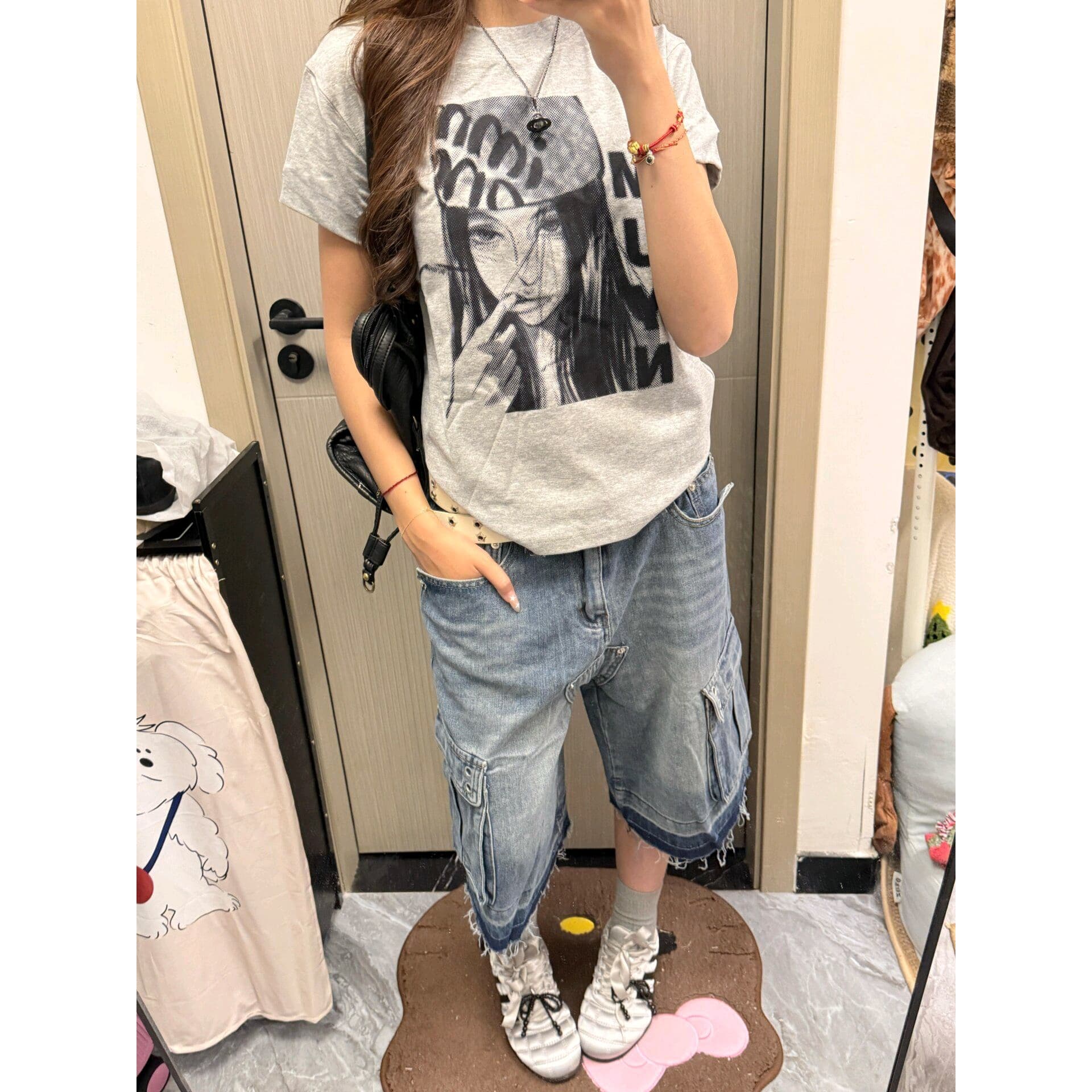 아메리칸 레트로 순면 새로운 다용도 캐주얼 패션 프린트 반팔 티셔츠 여성 이미지 2