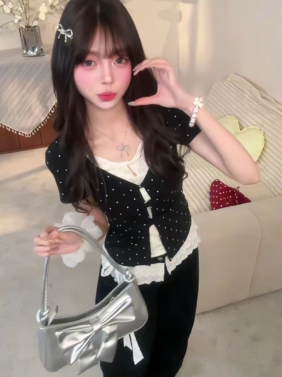260 그램 사람들 면 모달 유럽 한 패션 디자인 도트 무늬 패치워크 레이스 반팔 페이크 레이어드 여성 몸매 가꾸기 쇼트 스타일 t 이미지 3