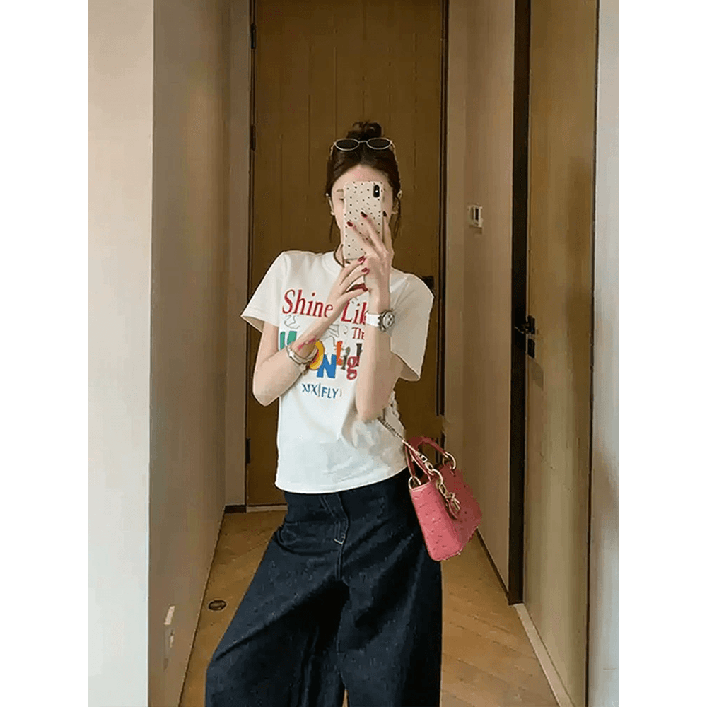 한국 스타일 순면 40 92 면 8 암모니아 Lun 긍정적 인 어깨 프린트 반팔 티셔츠 여성 이미지 5