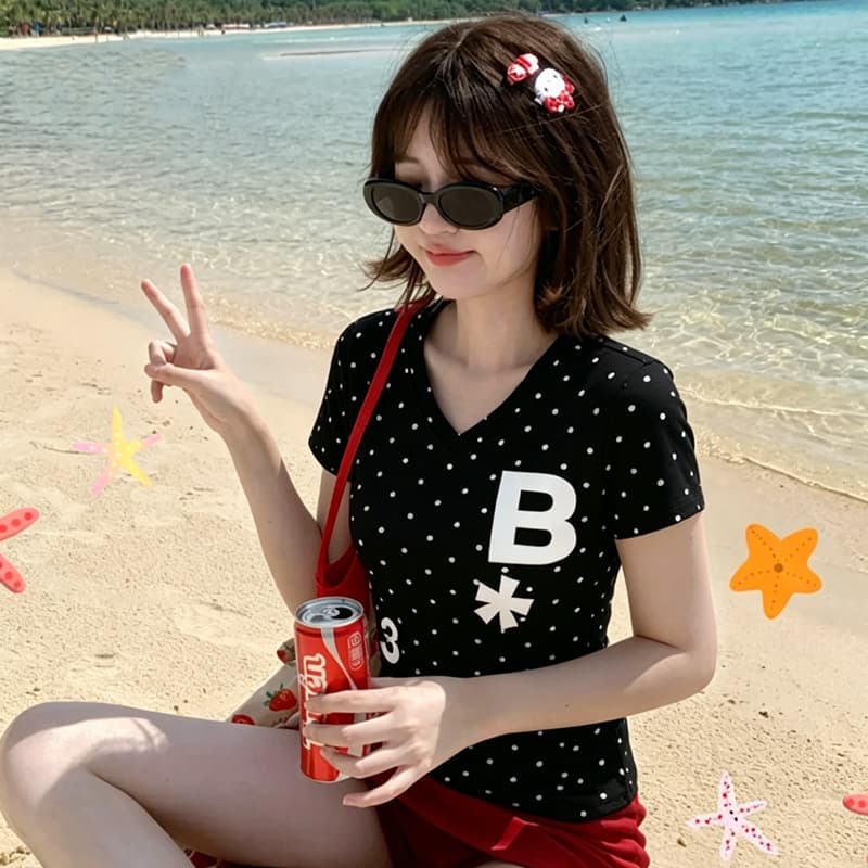여름 새로운 한 부서 V넥 도트 무늬 패션 긍정적 인 어깨 프린트 섹션 반팔 티셔츠 상세 이미지 2