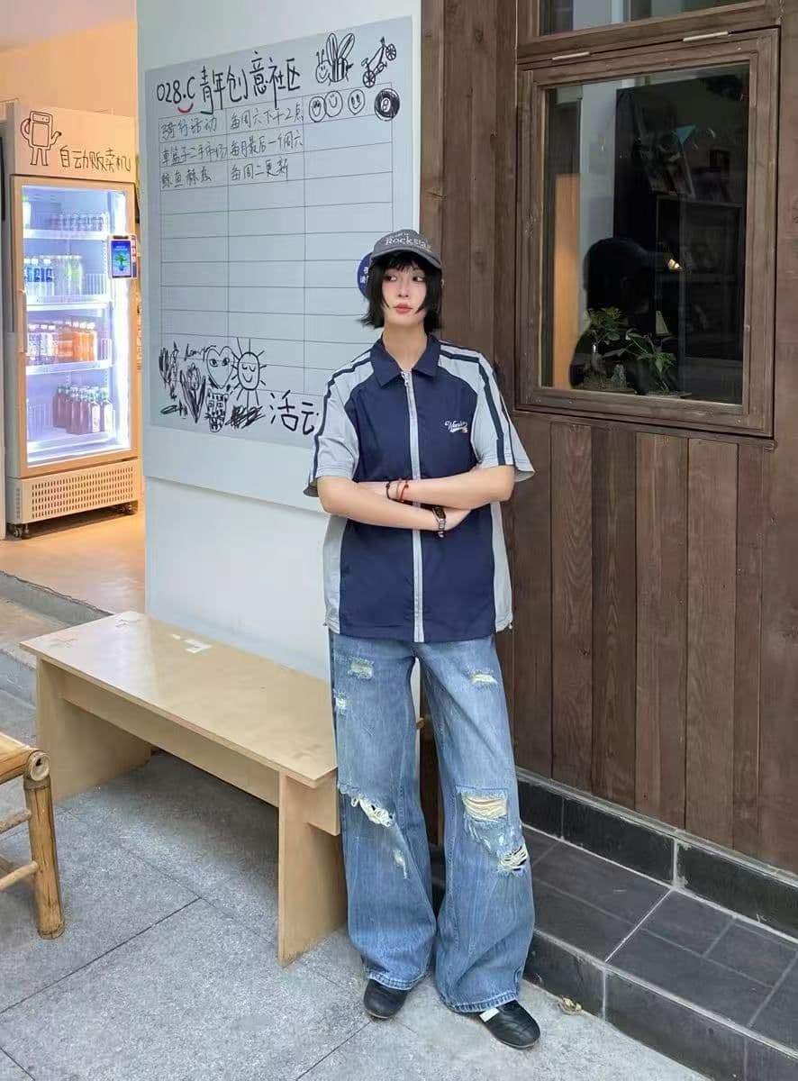 원본 솜씨 원본 원단 배색 셔츠 지퍼 패치워크 반팔 운동 통기성 속도 건조한 셔츠 재킷 남녀 상세 이미지 3