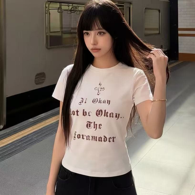 아메리칸 레트로 긍정적 인 어깨 라운드 넥 프린트 반팔 티셔츠 여성 상세 이미지 2