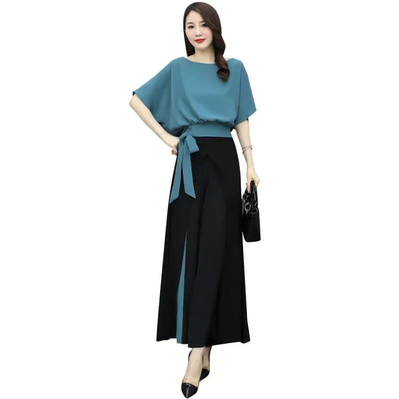 여름 2026 년 새로운 품격 엄마 고급 캐주얼 패션 배색 투피스 세트 치마바지 와이드 레그 팬츠 세트 여성 이미지 5