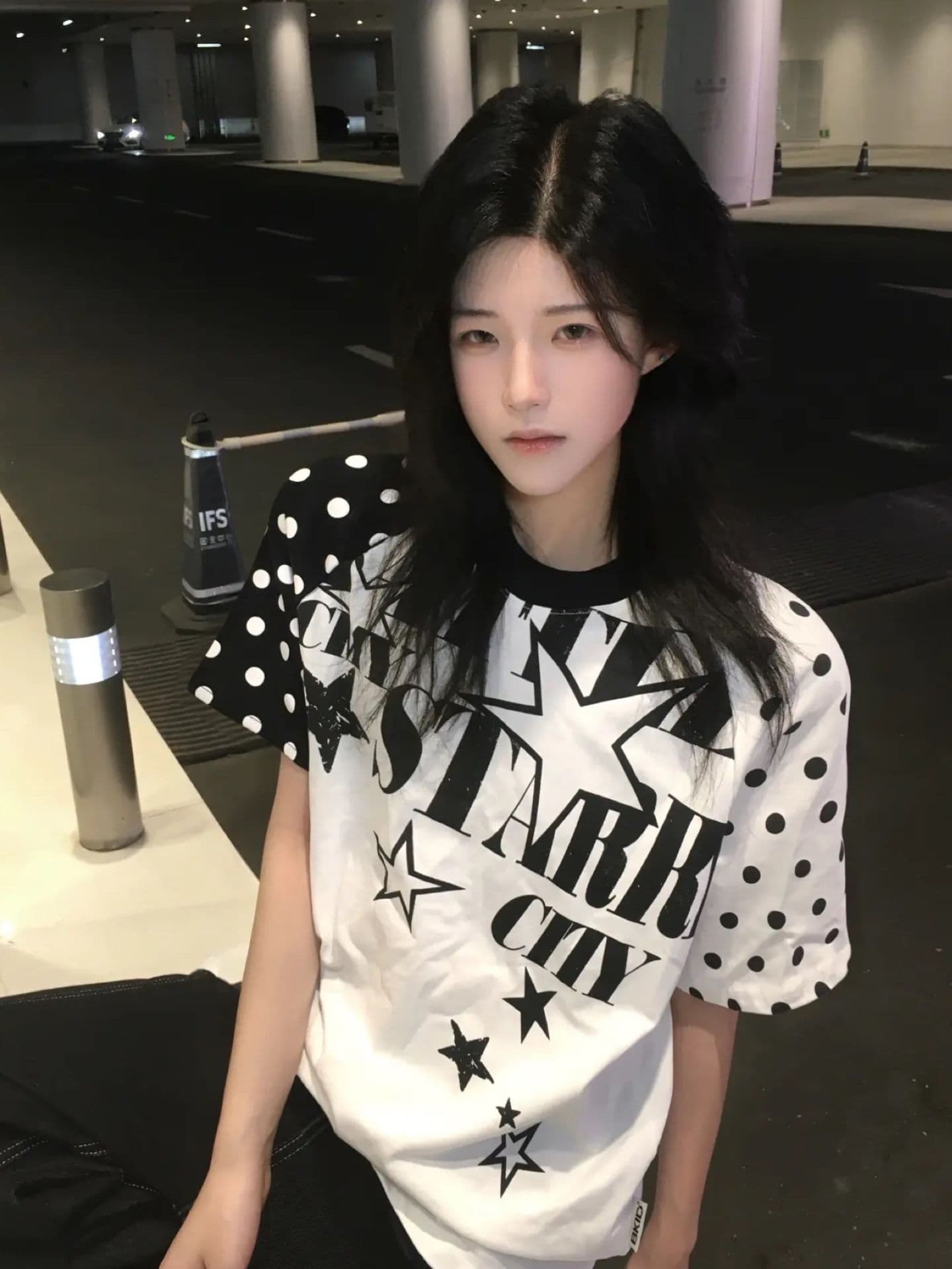 아메리칸 레트로 순면 패치워크 색상 반팔 티셔츠 여성 이미지 2