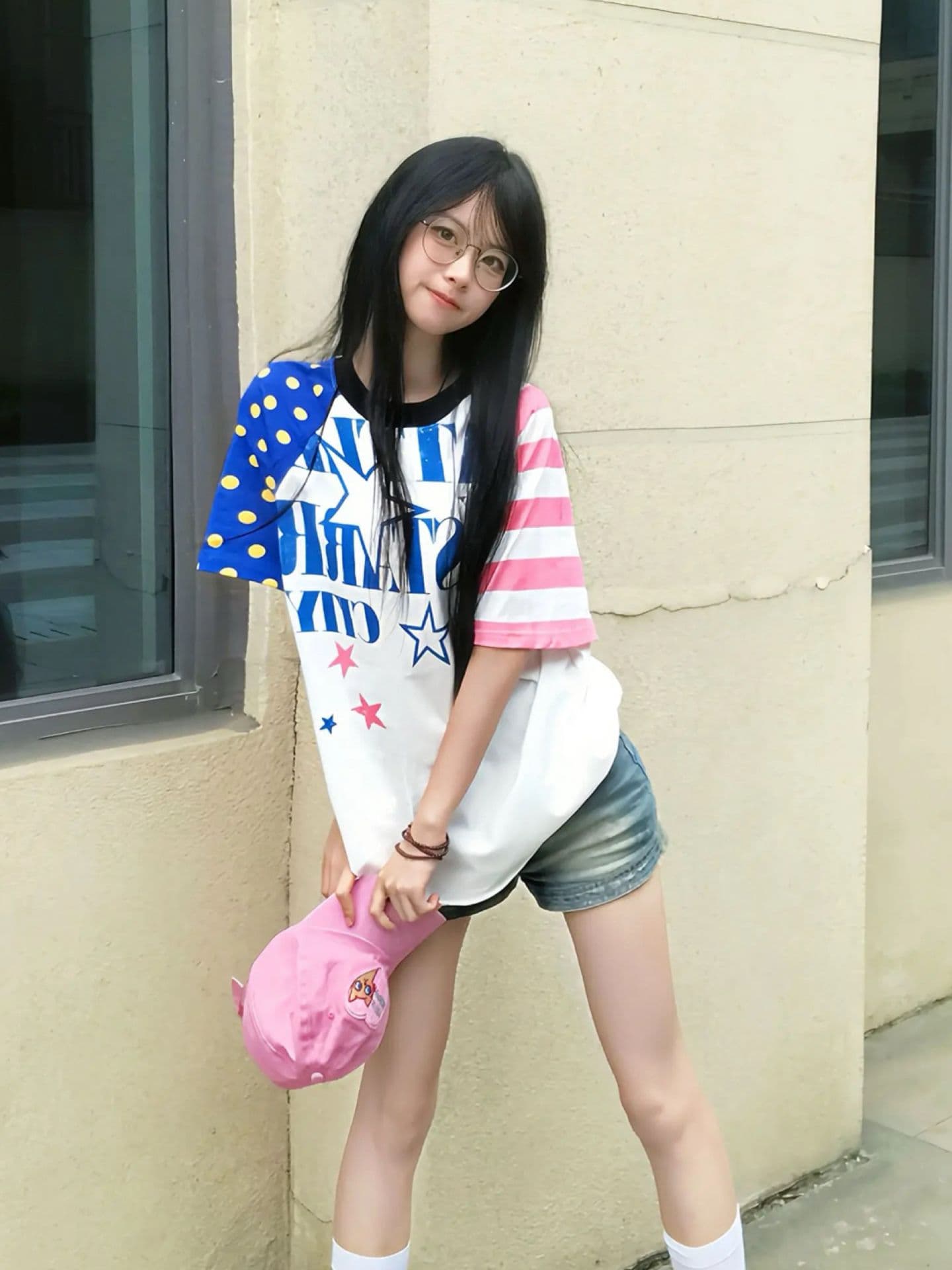 아메리칸 레트로 순면 패치워크 색상 반팔 티셔츠 여성 이미지 4