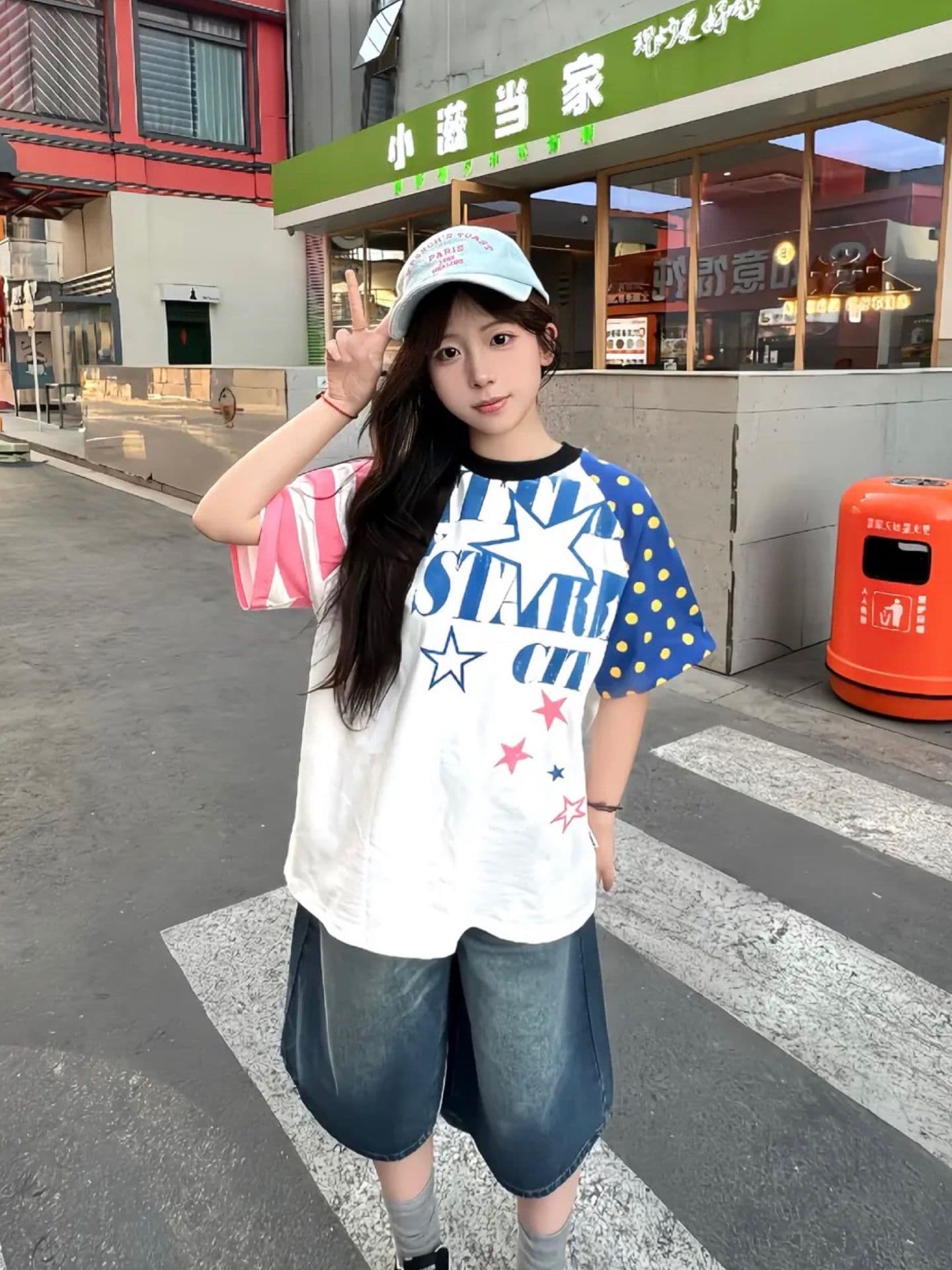 아메리칸 레트로 순면 패치워크 색상 반팔 티셔츠 여성 상세 이미지 1