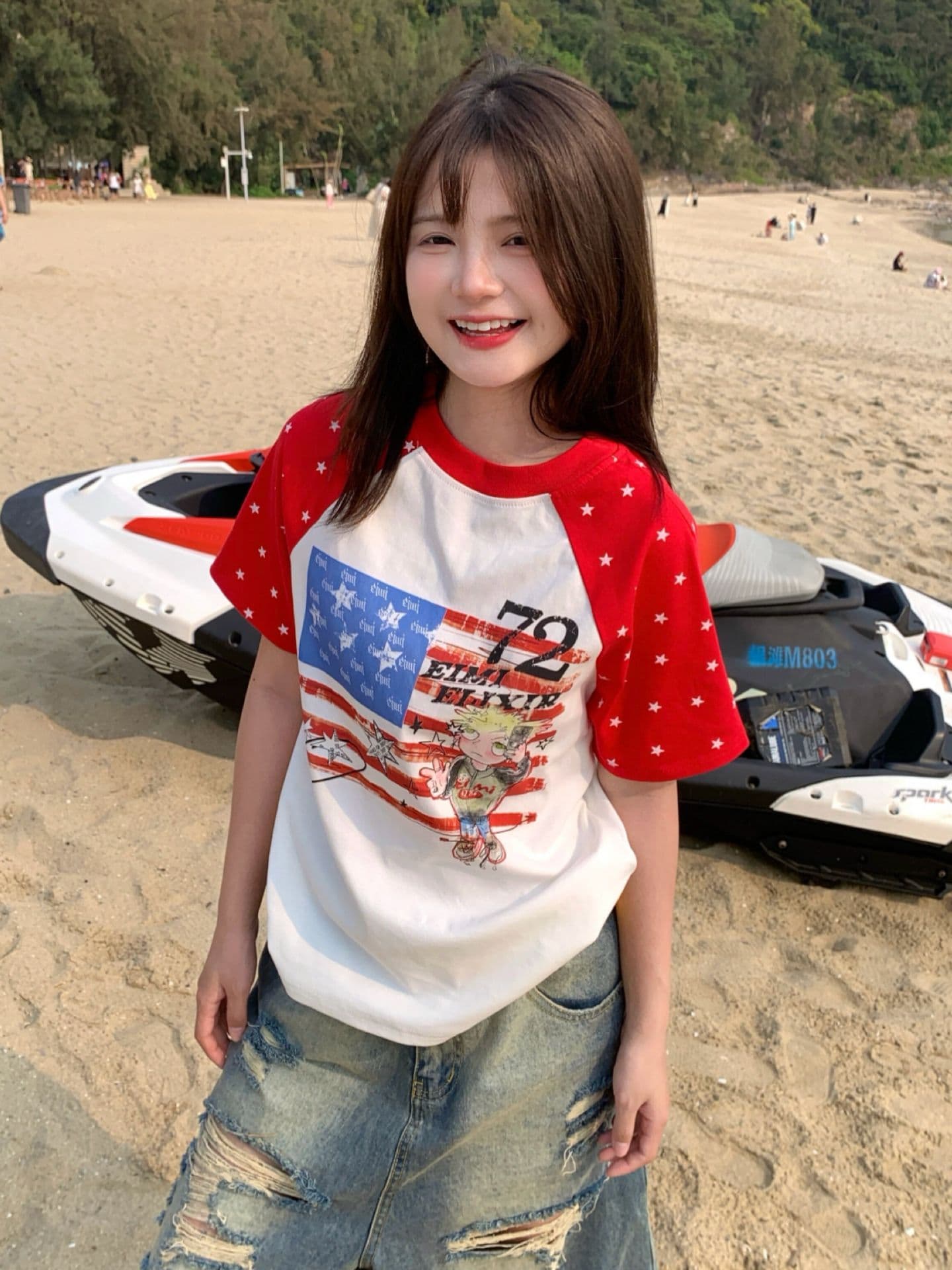 아메리칸 레트로 순면 몸매 가꾸기 반팔 티셔츠 여성 이미지 4