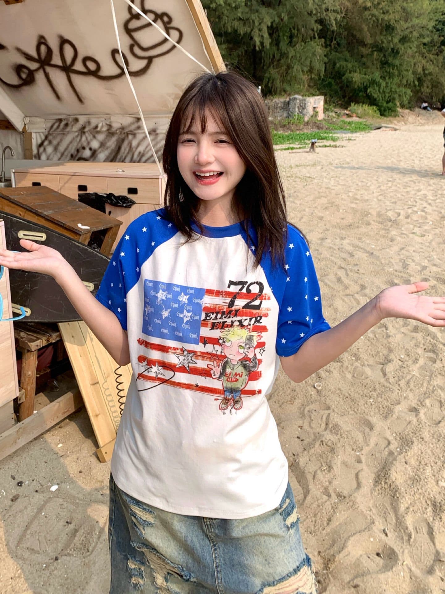 아메리칸 레트로 순면 몸매 가꾸기 반팔 티셔츠 여성 이미지 2