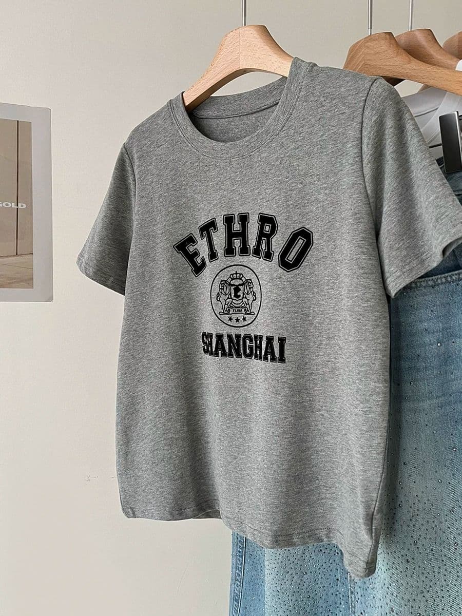 아메리칸 레트로 순면 긍정적 인 어깨 반팔 티셔츠 여성 프린트 상세 이미지 2