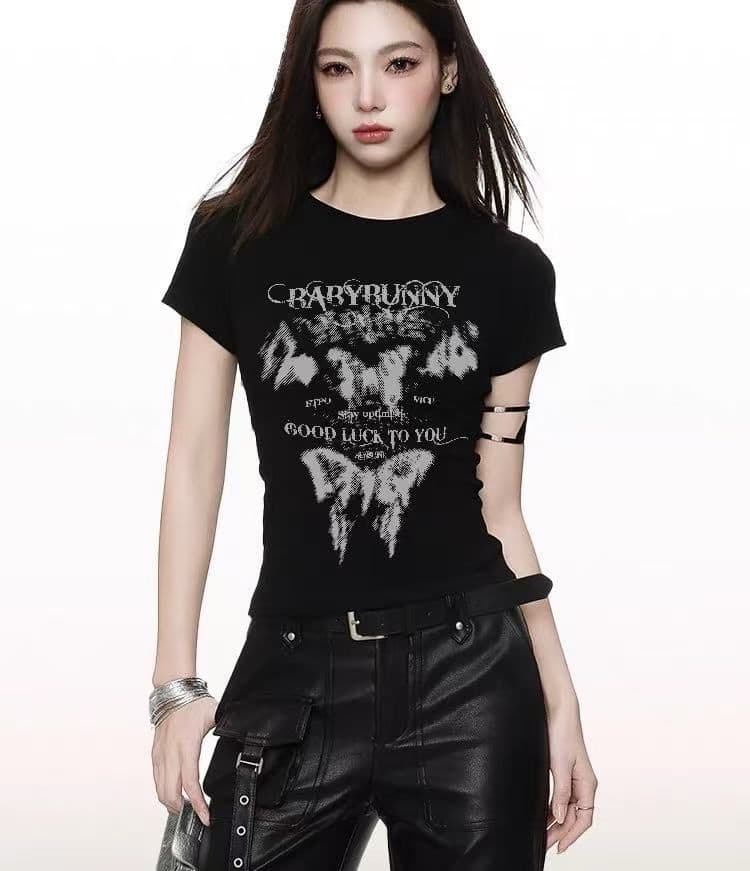 아메리칸 레트로 긍정적 인 어깨 라운드 넥 프린트 반팔 티셔츠 여성 상세 이미지 1