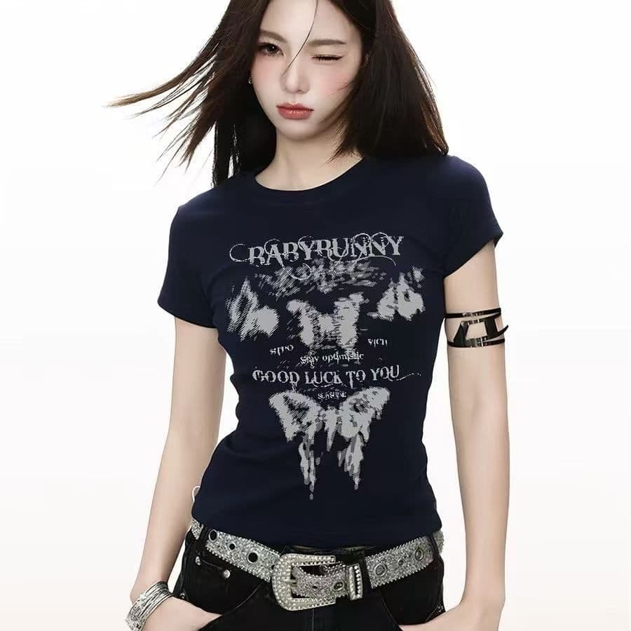 아메리칸 레트로 긍정적 인 어깨 라운드 넥 프린트 반팔 티셔츠 여성 상세 이미지 3