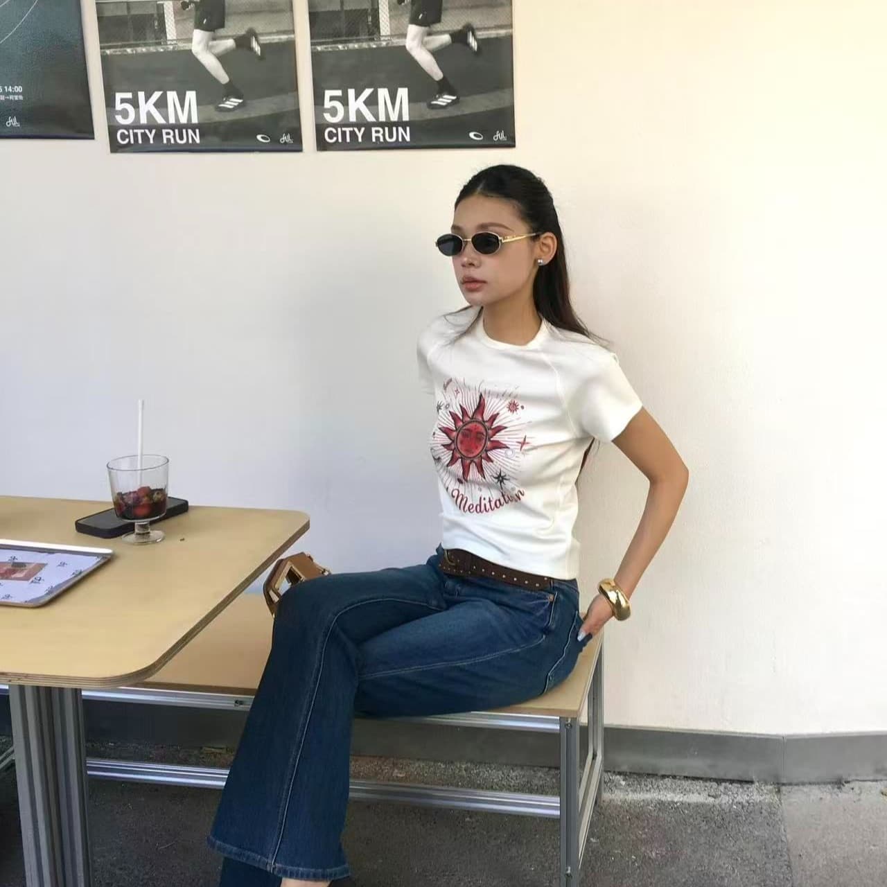 아메리칸 레트로 프린트 반팔 티셔츠 여성 여름 몸매 가꾸기 캐주얼 맨위 이미지 3