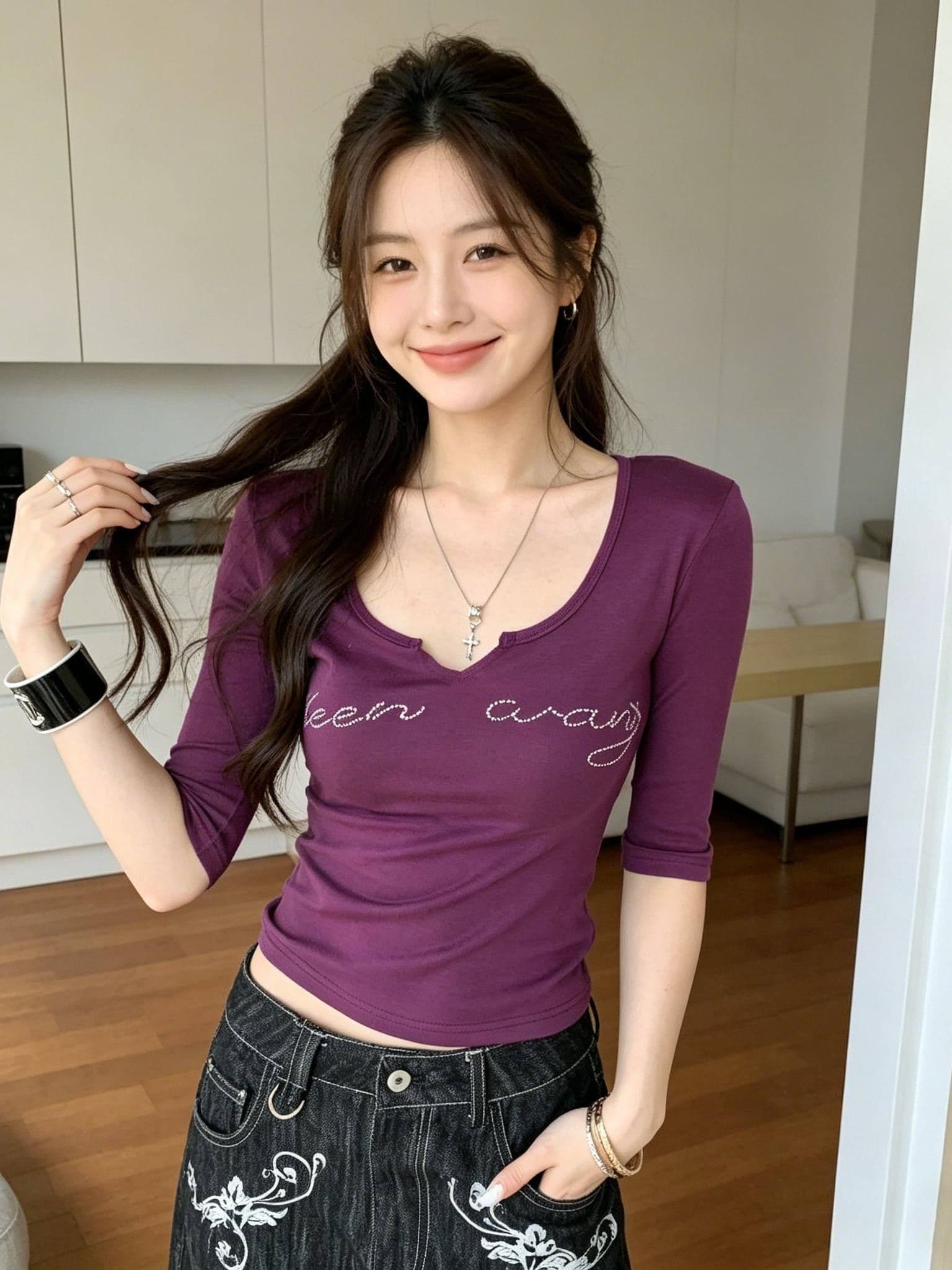 260 그램 사람들 면 고급 센스 u 칼라 핫픽스 중간 소매 맨위 여성 여름 몸매 가꾸기 슬림해 보이는 캐주얼 다용도 반팔 티셔츠 이미지 3