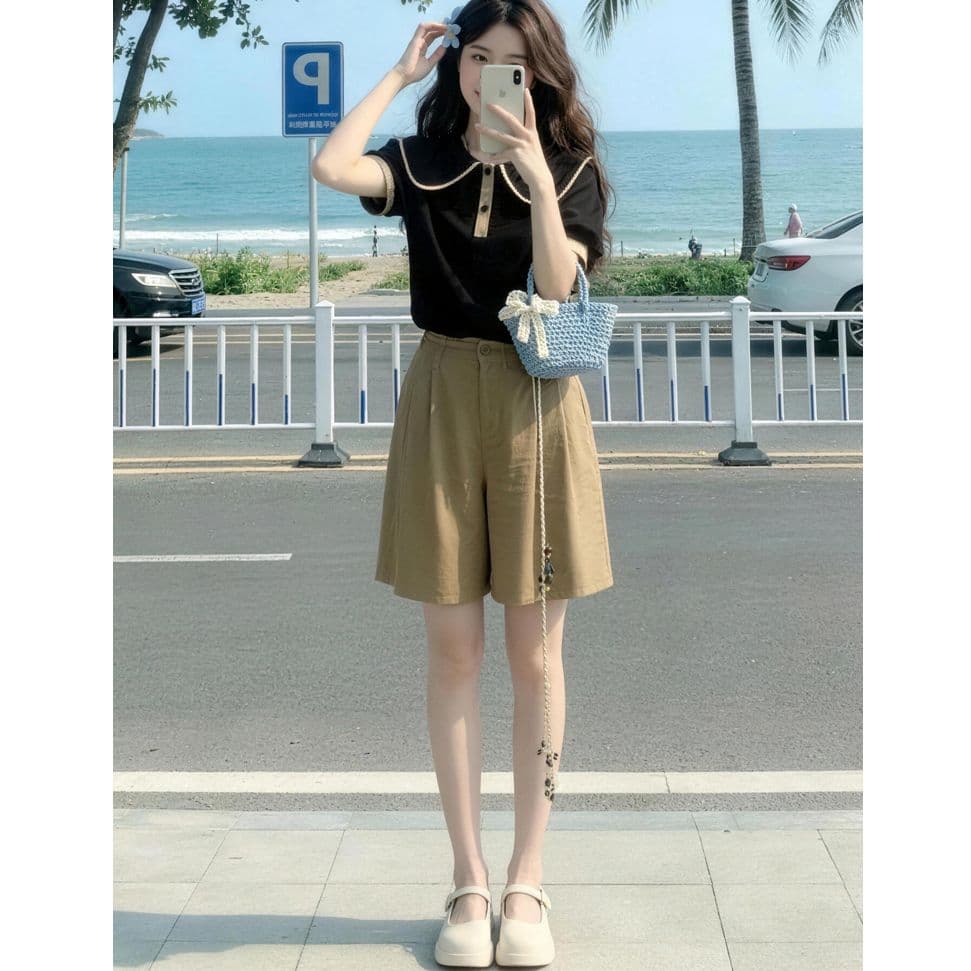 빅 사이즈 여성 의류 작은 샤넬 스타일 폴로 칼라 세트 여성 디자인 센스 작은 대중 여름 Chic 반바지 외국 가스 투피스 세트