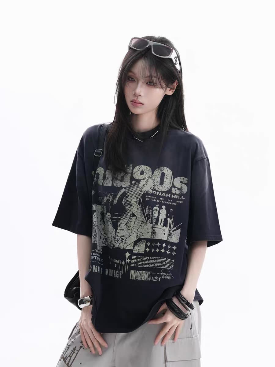 아메리칸 레트로 순면 워싱 마 오래된 프린트 반팔 티셔츠 여성 상세 이미지 4