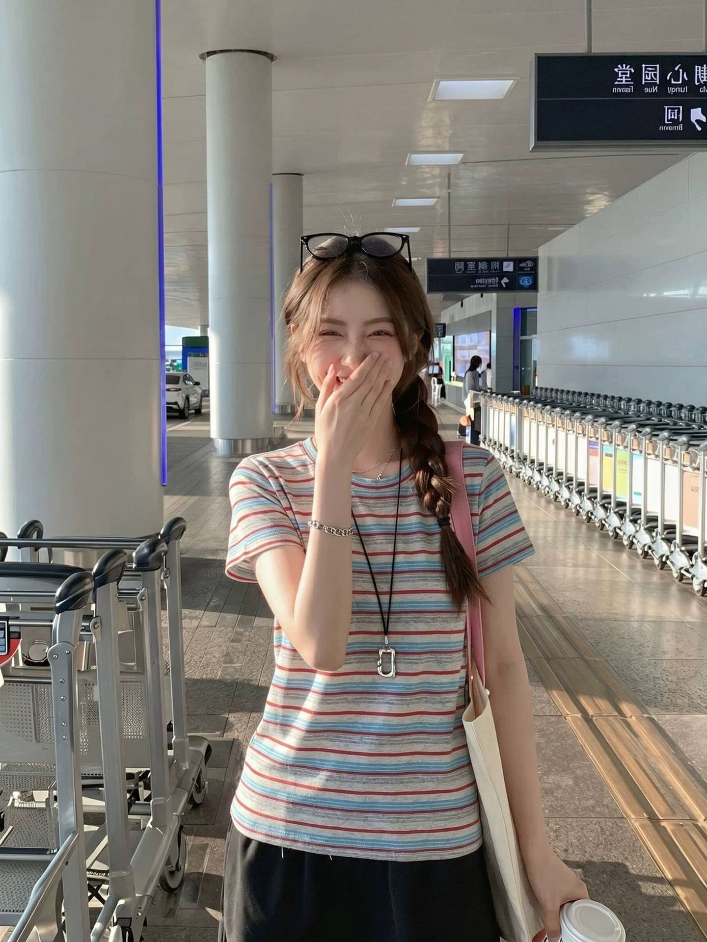 65 면 35 폴리 에스터 원본 원단 한 부서 패션 디자인 스트라이프 반팔 여성 티셔츠 여름 색상 라운드 넥 긍정적 인 어깨 이미지 2
