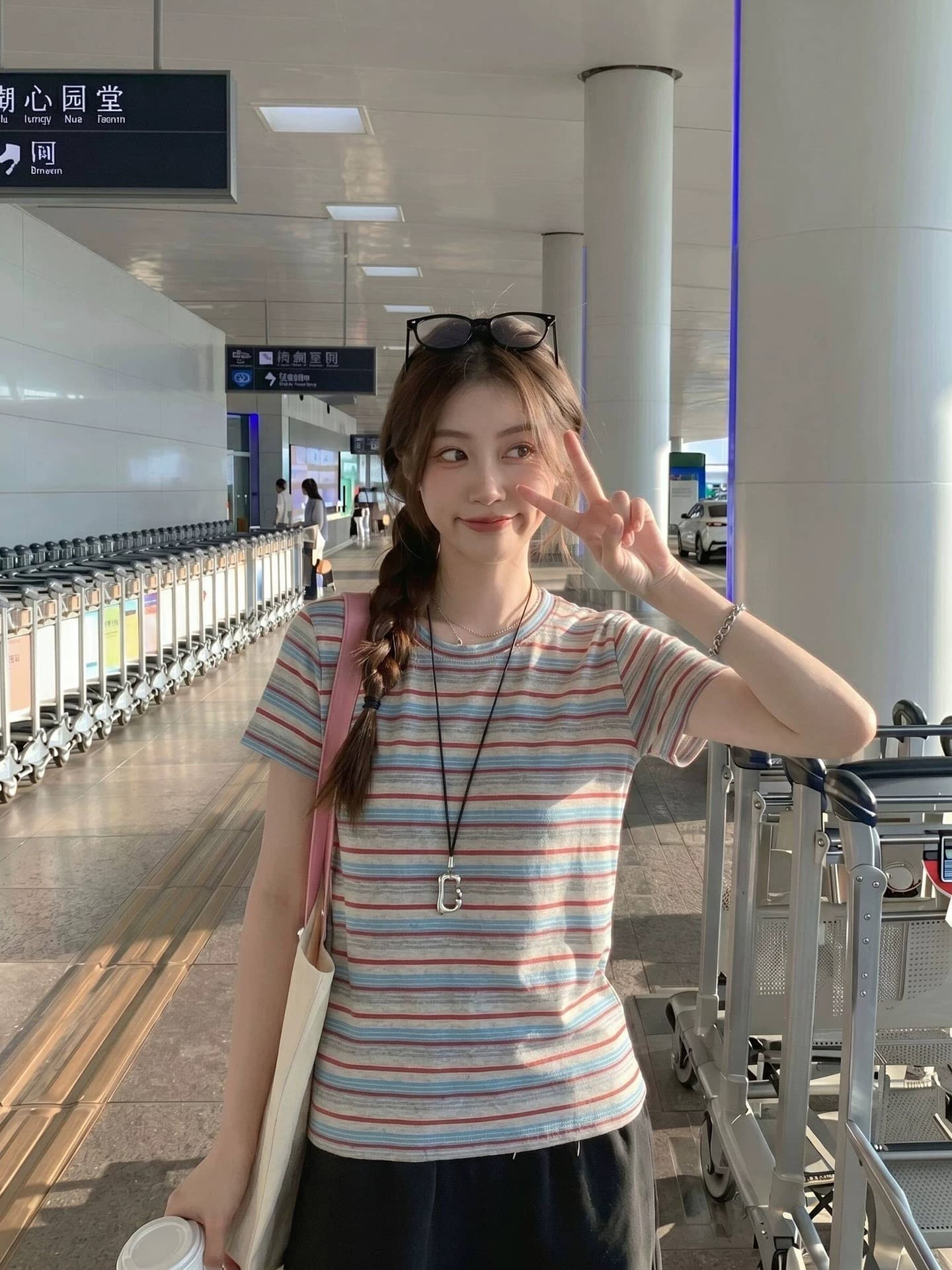 65 면 35 폴리 에스터 원본 원단 한 부서 패션 디자인 스트라이프 반팔 여성 티셔츠 여름 색상 라운드 넥 긍정적 인 어깨 상세 이미지 2