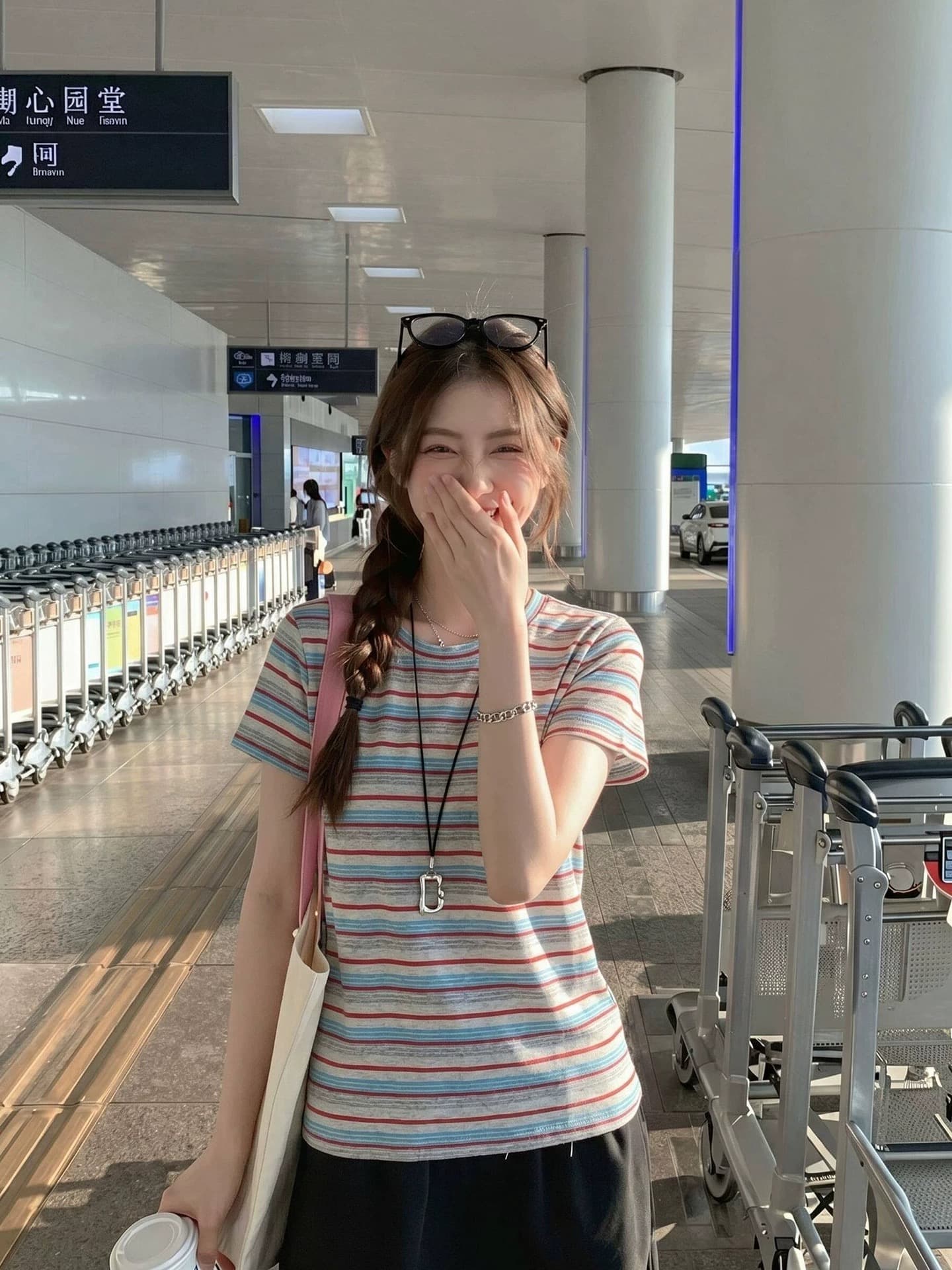 65 면 35 폴리 에스터 원본 원단 한 부서 패션 디자인 스트라이프 반팔 여성 티셔츠 여름 색상 라운드 넥 긍정적 인 어깨 상세 이미지 4