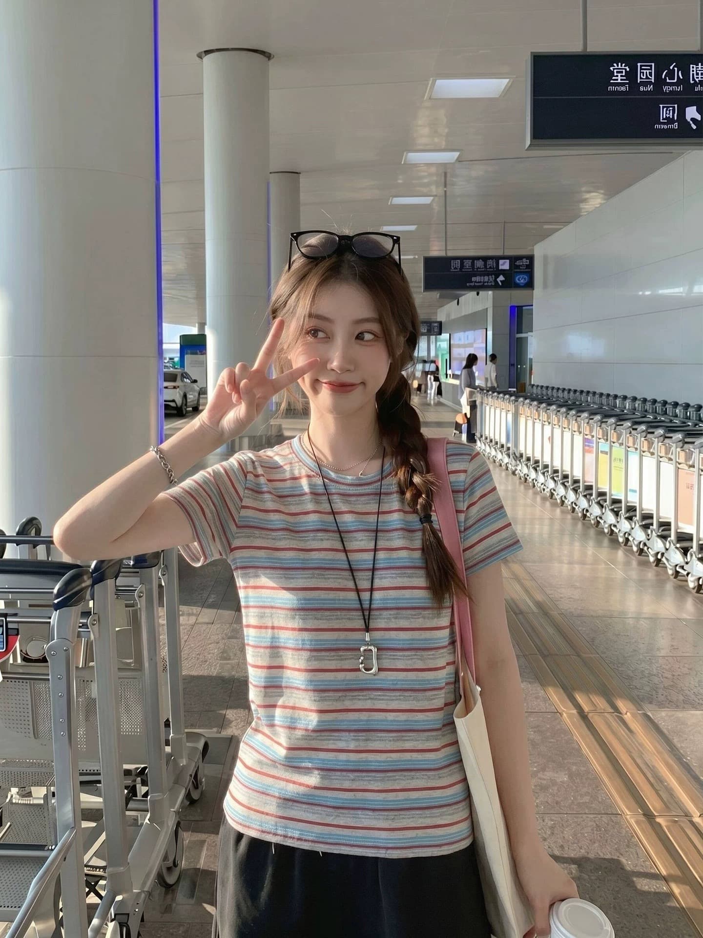 65 면 35 폴리 에스터 원본 원단 한 부서 패션 디자인 스트라이프 반팔 여성 티셔츠 여름 색상 라운드 넥 긍정적 인 어깨 상세 이미지 5