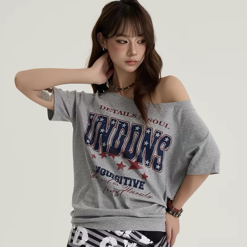 아메리칸 레트로 순면 핫걸 비스듬한 어깨 알파벳 프린트 새로운 반팔 티셔츠 여성 이미지 3