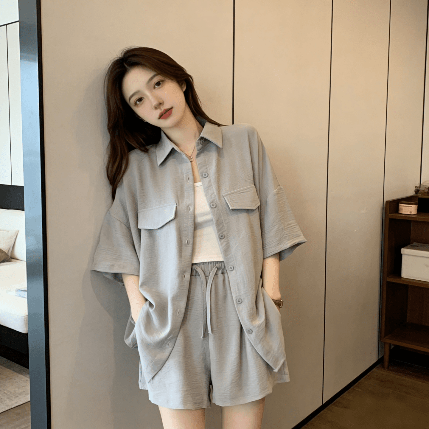 지방 mm POLO 칼라 반팔 셔츠 넓은 다리가 짧다. 바지 두 조각 여성 세트 여름 빅 사이즈 패션 루즈핏 슬림해 보이는 세트 상세 이미지 1