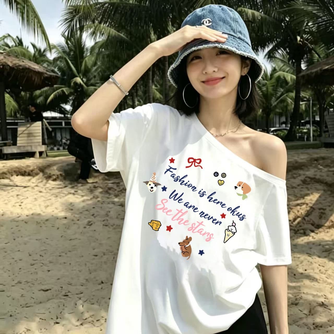 92 면 8 암모니아 Lun 순수한 욕망 오프숄더 반팔 티셔츠 슬림해 보이는 핫걸 디자인 센스 맨위