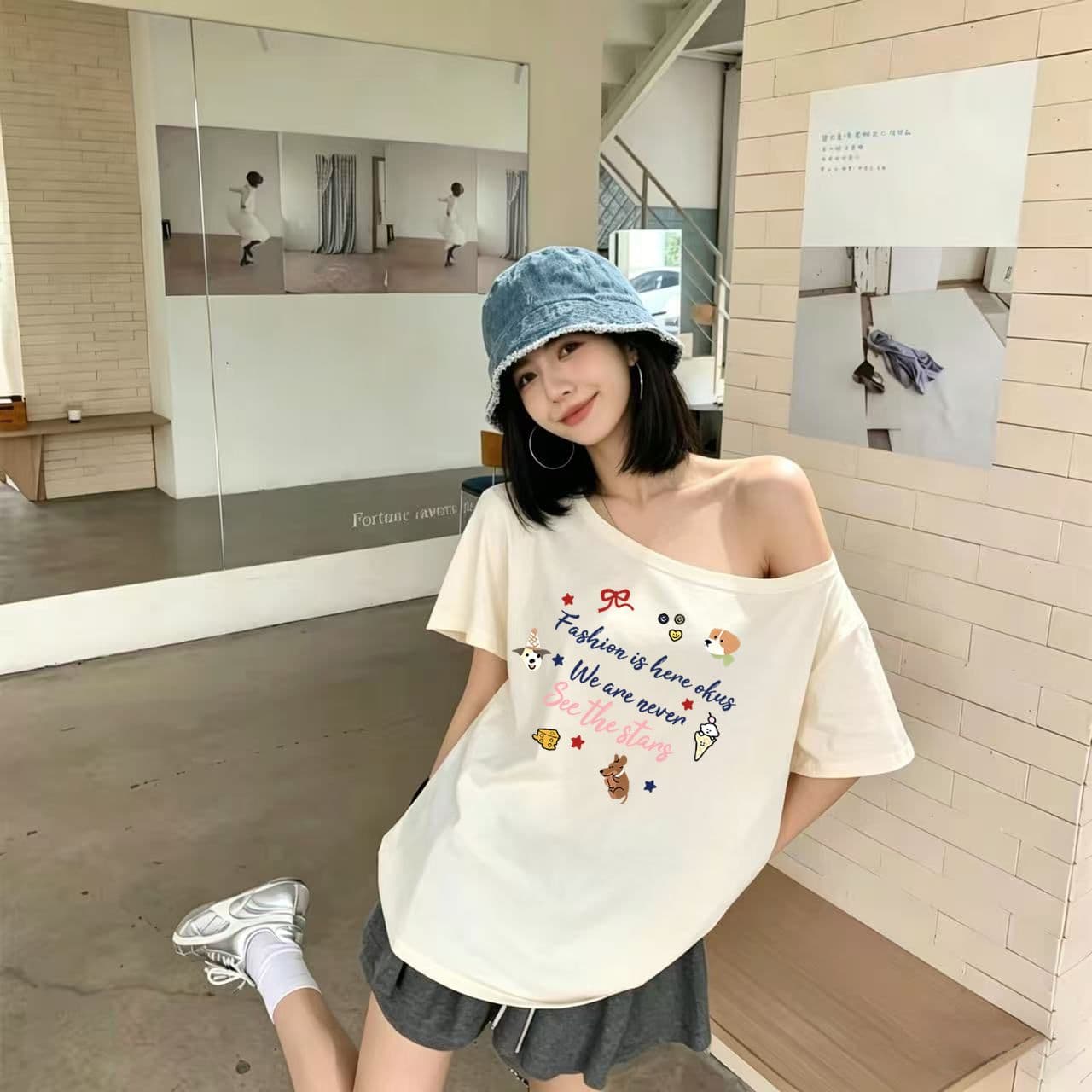 92 면 8 암모니아 Lun 순수한 욕망 오프숄더 반팔 티셔츠 슬림해 보이는 핫걸 디자인 센스 맨위 상세 이미지 1