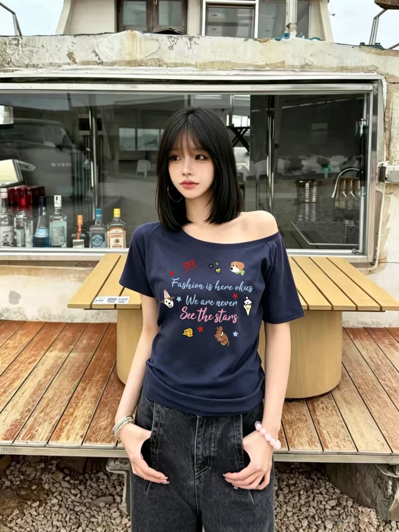 92 면 8 암모니아 Lun 순수한 욕망 오프숄더 반팔 티셔츠 슬림해 보이는 핫걸 디자인 센스 맨위 상세 이미지 5