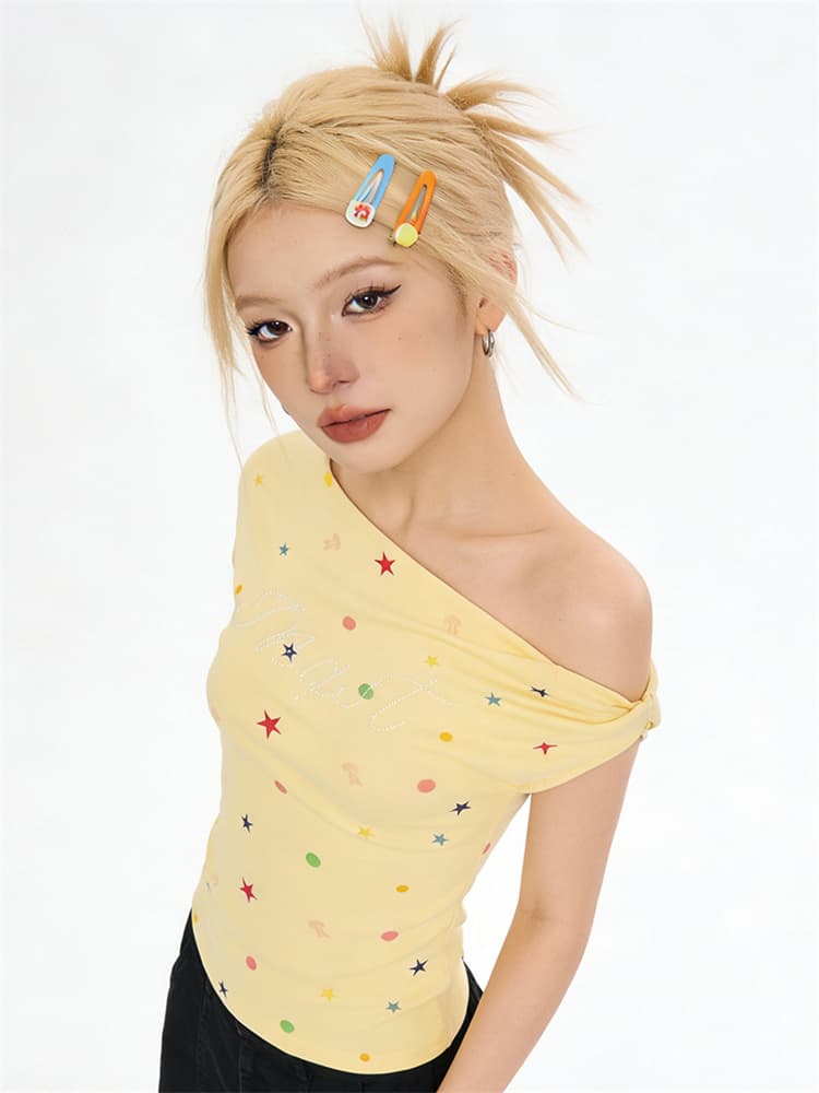 40 차가운 실크 코튼 달콤한 자매 소녀 도파민 별 비스듬한 어깨 반팔 티셔츠 여성 여름 몸매 가꾸기 슬림해 보이는 새로운 맨위 이미지 3