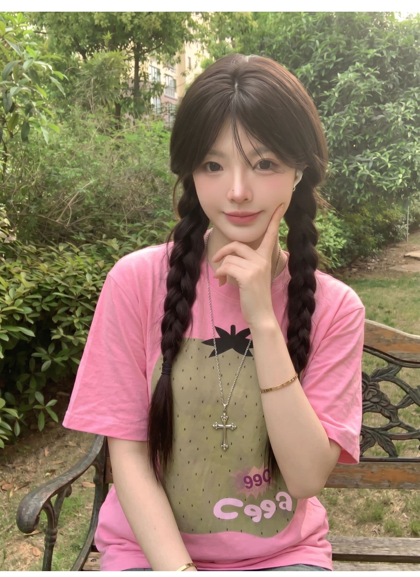 32 빗질하다 순면 키위 핑크색 반팔 티셔츠 상세 이미지 3